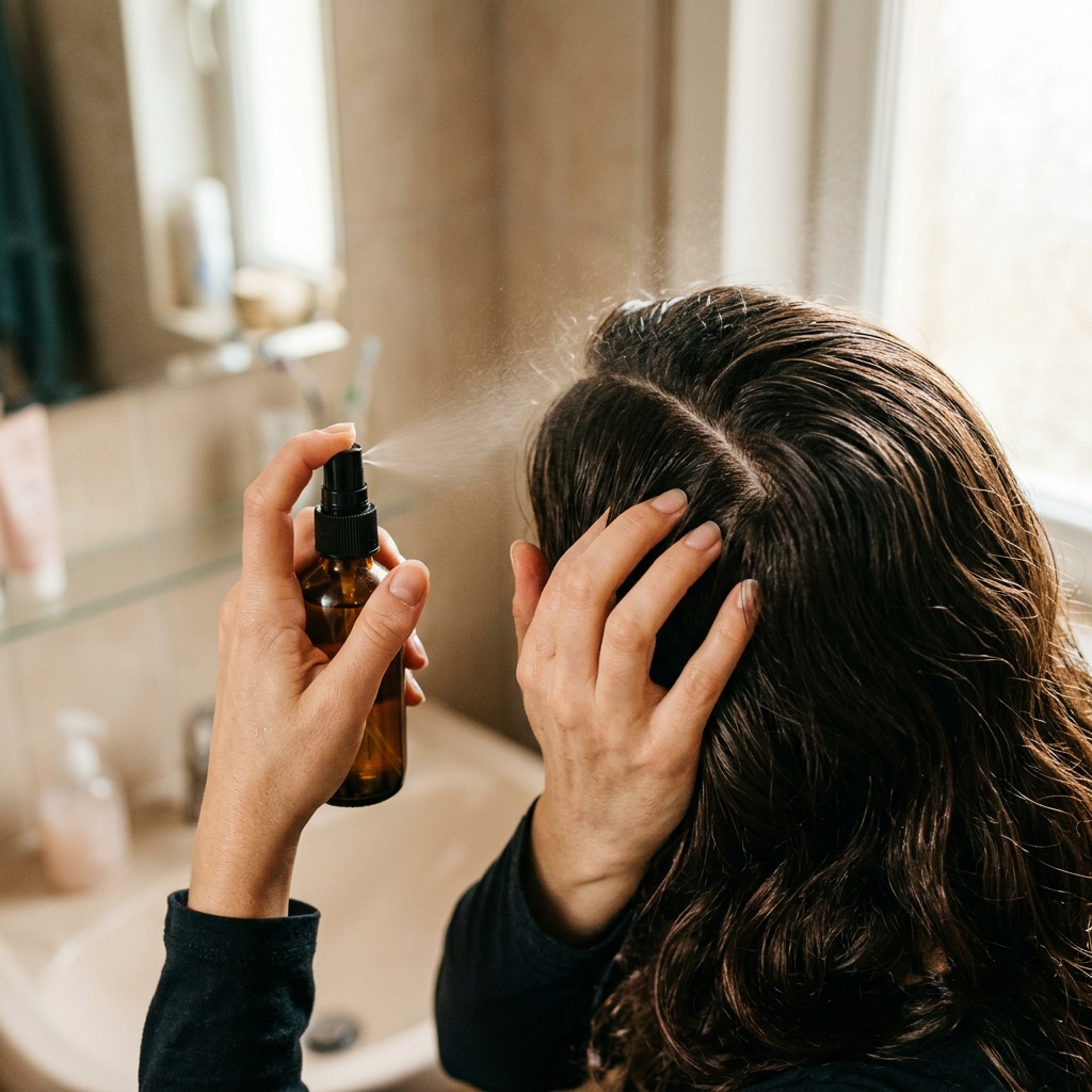 Applying rosemary hair growth spray to the scalp