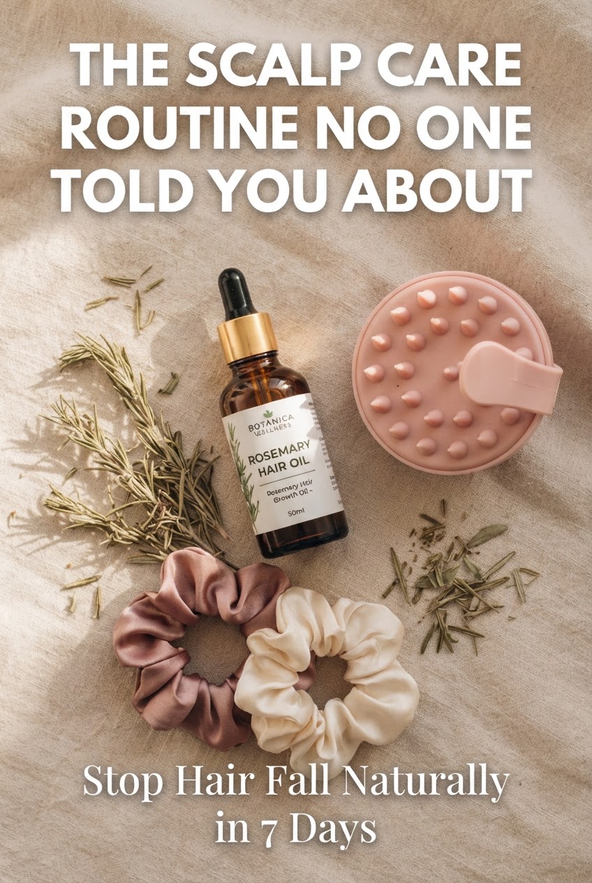 Flat lay of scalp care products including rosemary oil, scalp massager brush, and dried rosemary