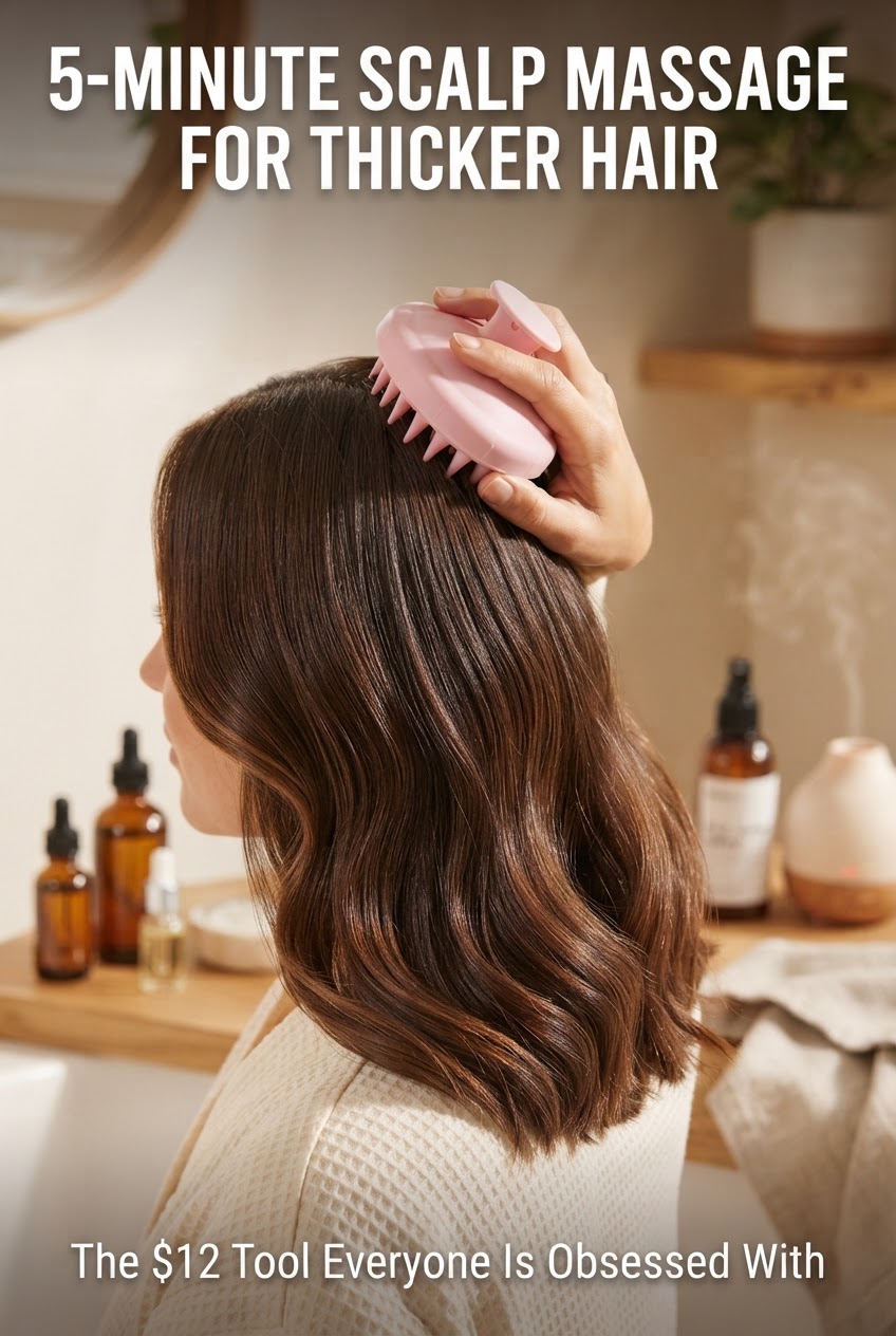 Hand holding a pink silicone scalp massager over healthy hair