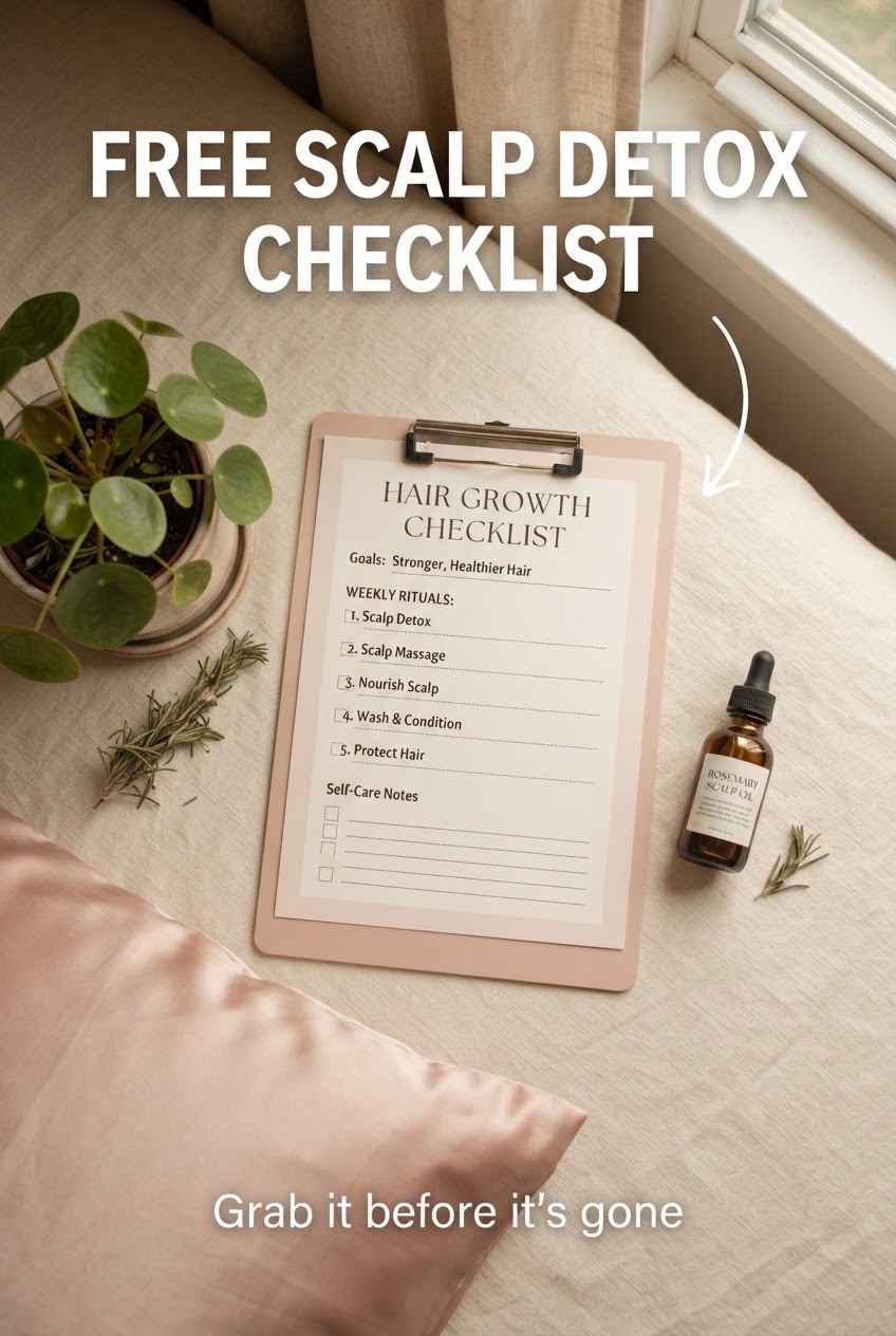 Free scalp detox checklist printable flat lay with rosemary oil